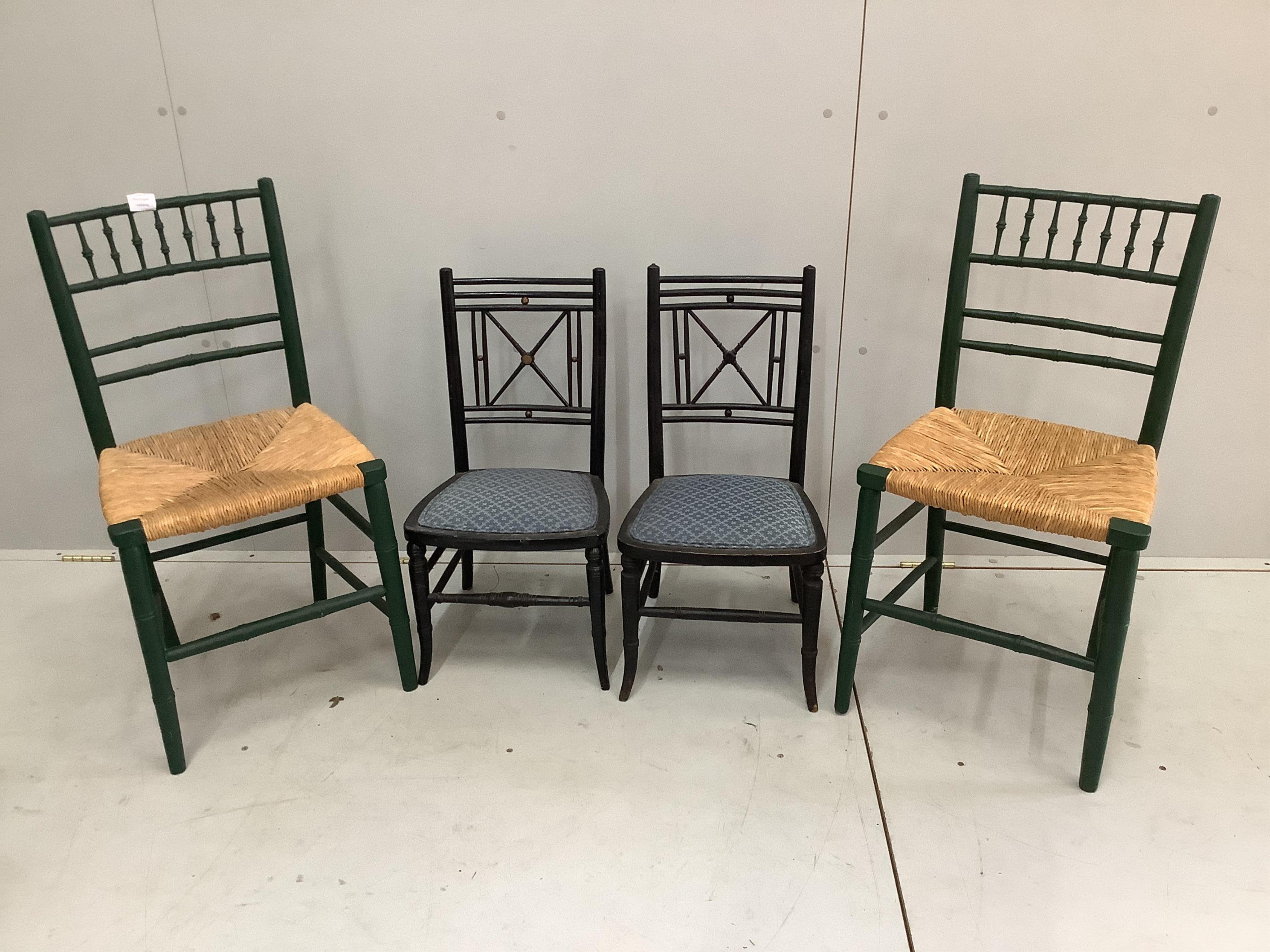 A pair of Regency simulated bamboo rush seat chairs, later painted, height 83cm, together with a pair of late Victorian ebonised childs' chairs. Condition - good